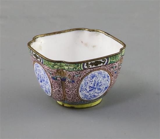 A Chinese enamel on copper cup, 18th century, W. 4.8cm, hairlines to interior